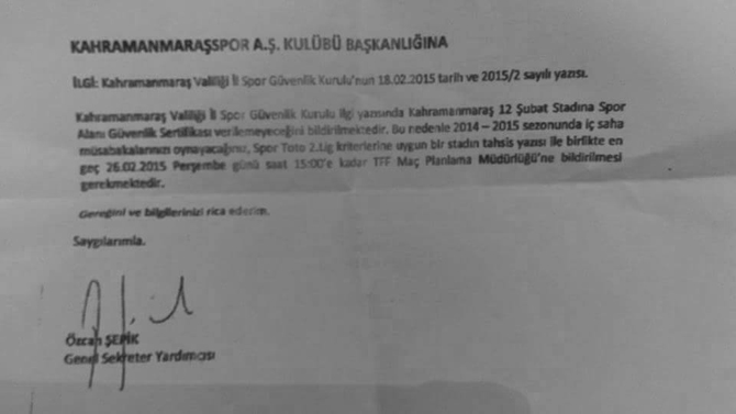 Kahramanmaraşspor'a Şok : 12 Şubat Stadyumu Kapatıldı !